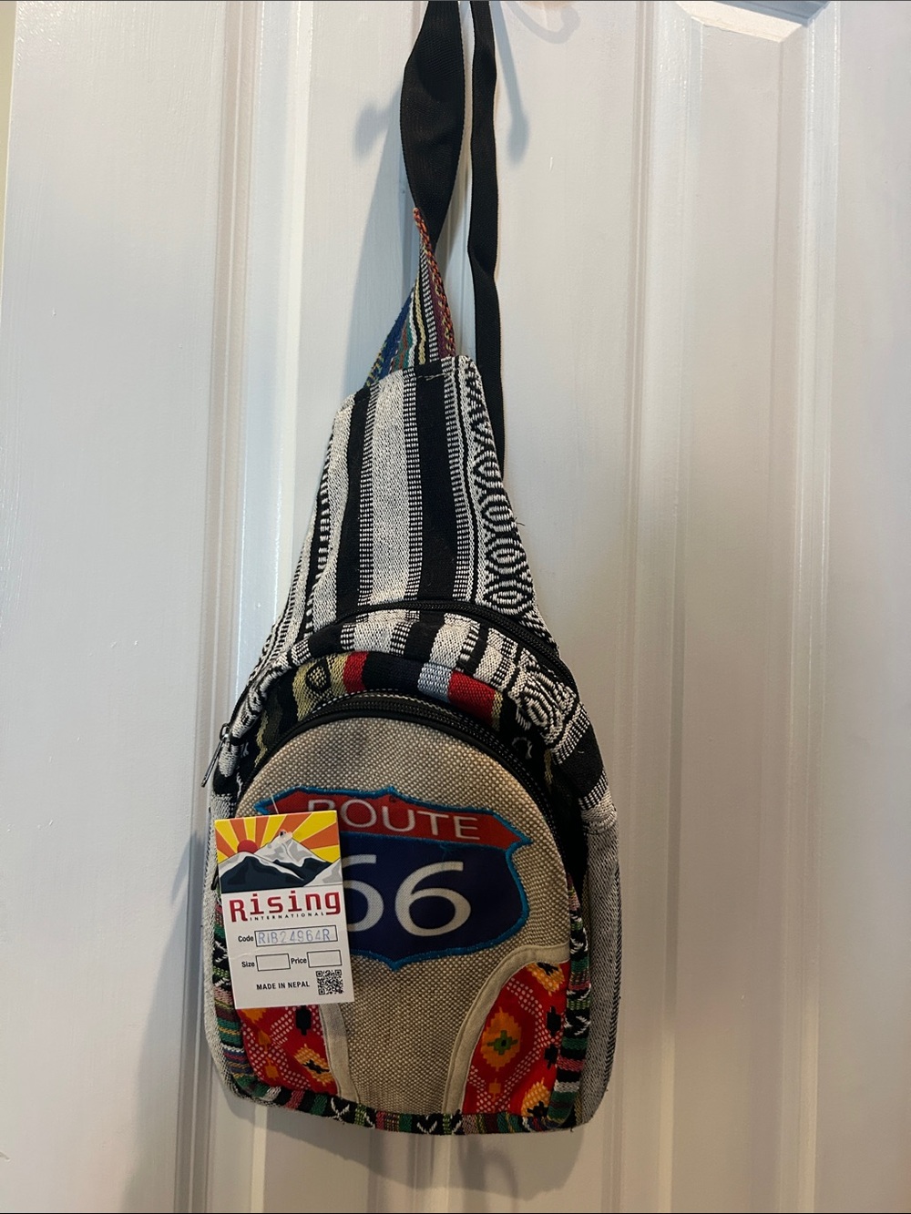 Rising International Black and Cream Route 66 Patterned Crossbody Sling Bag